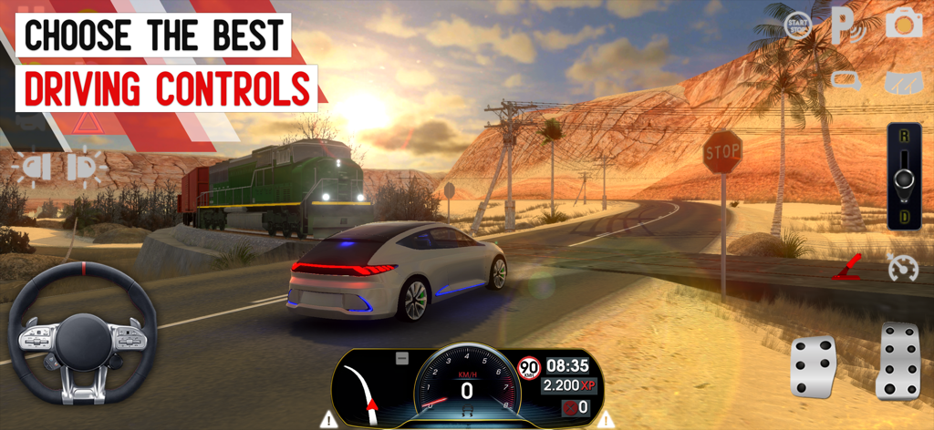 Jugabilidad de Driving School Simulator mostrando el volante y los pedales en pantalla en un entorno desértico