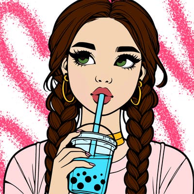 realistic girl with braided hair drinking boba
