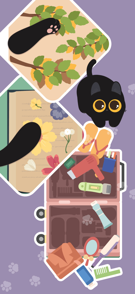 Tidying Master Satisfying ASMR - Un lindo gato negro con grandes ojos amarillos junto a un collage que muestra una maleta para organizar y patas de gato interactuando con la naturaleza y libros.