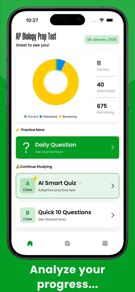 AP Biology Exam Prep Pro - AP Biology Exam Prep Pro dashboard showing study progress with a doughnut chart and daily quiz options