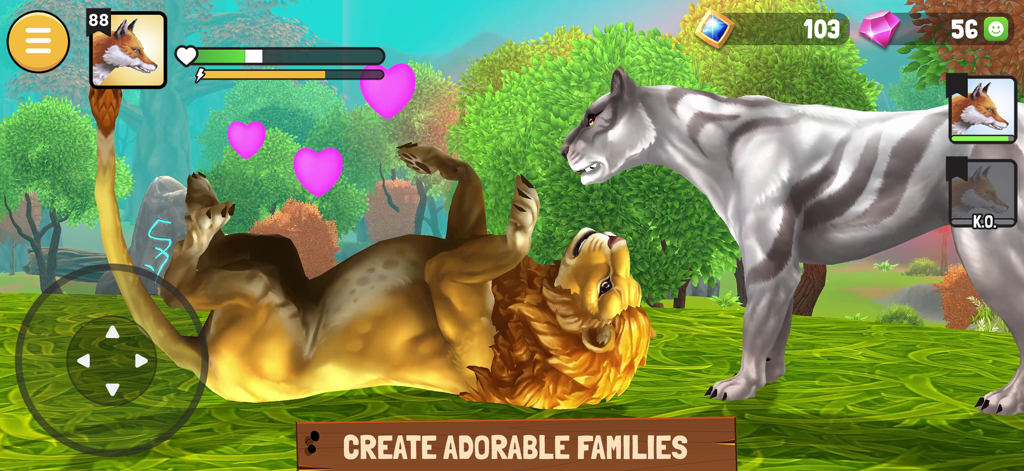Animal Kingdoms: Wolf Sim MMO - Dos grandes felinos interactuando con emoticonos de corazón para crear una familia