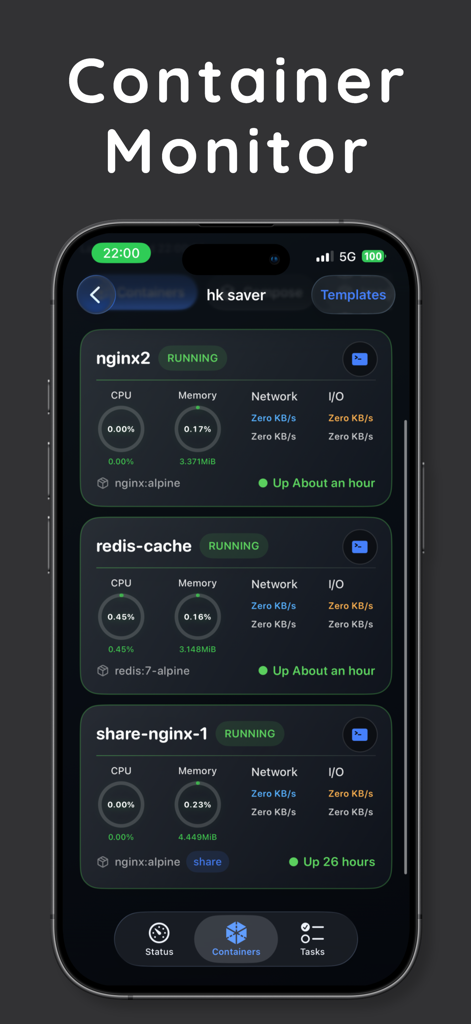 Interfaz de la aplicación Termi mostrando monitorización en tiempo real para contenedores Docker, incluido el uso de CPU y memoria.