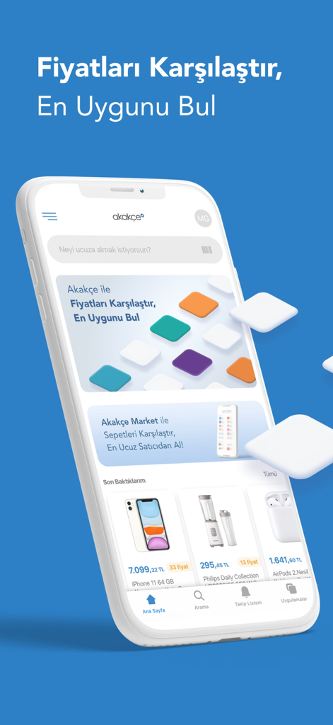 The Akakce mobile app interface on a smartphone screen displaying price comparison features and recently viewed products.