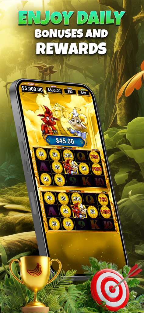 BananaBets – Slots & More - BananaBets mobile slot game interface showing daily bonuses and rewards with a jungle theme