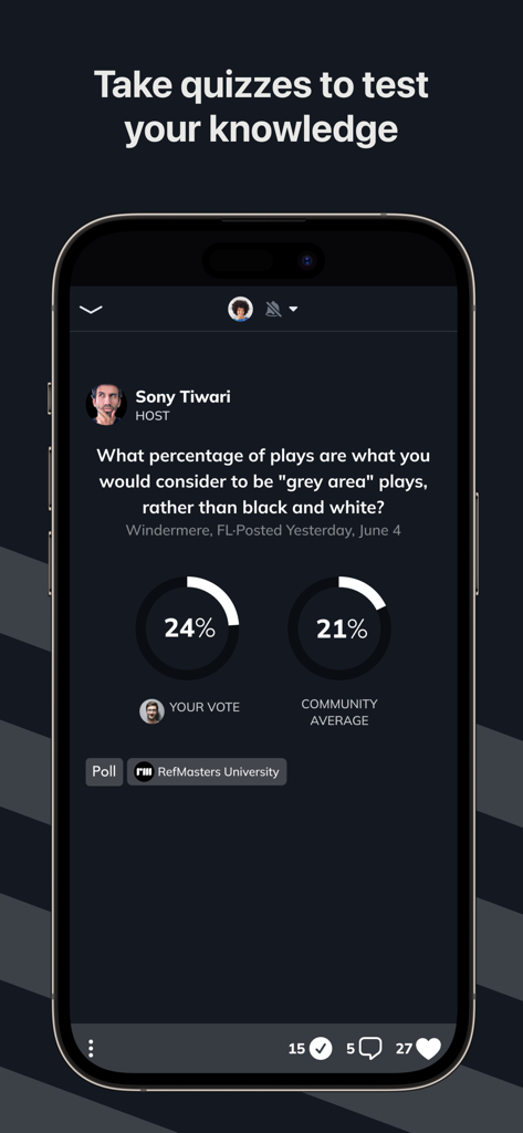 RefMasters Community - Smartphone screen displaying a sports rules quiz and community poll results on RefMasters