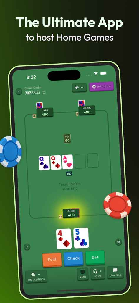 Poker 4 Friends: Chips of Fury - Interface do app Chips of Fury para organizar um jogo de poker caseiro em um smartphone