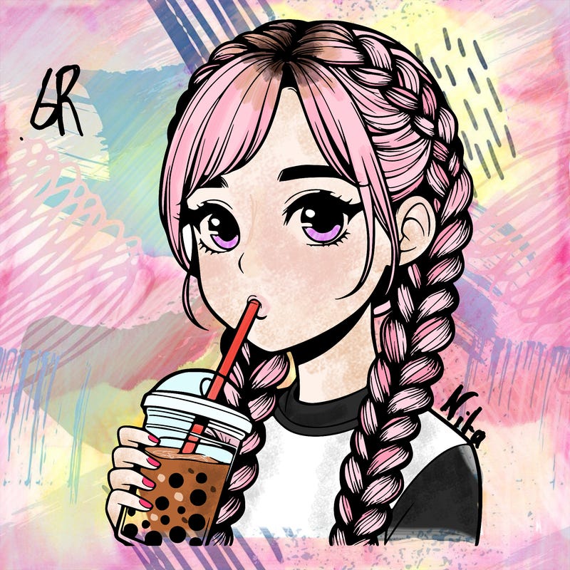 realistic girl with braided hair drinking boba