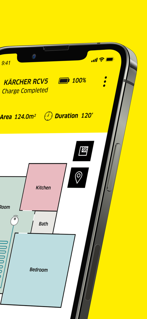Kärcher Home Robots app showing a floor map with room labels and RCV5 robot vacuum status