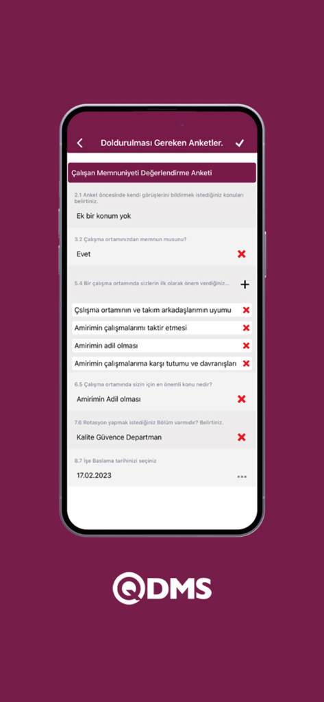 QDMS v2 - Bimser Çözüm - Mobiler Bildschirm der QDMS v2 App, der ein Formular zur Mitarbeiterzufriedenheitsumfrage anzeigt