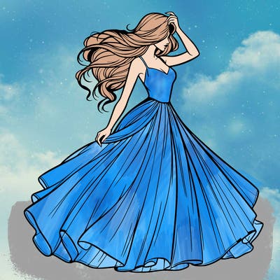 realistic woman with dress flowing in the wind