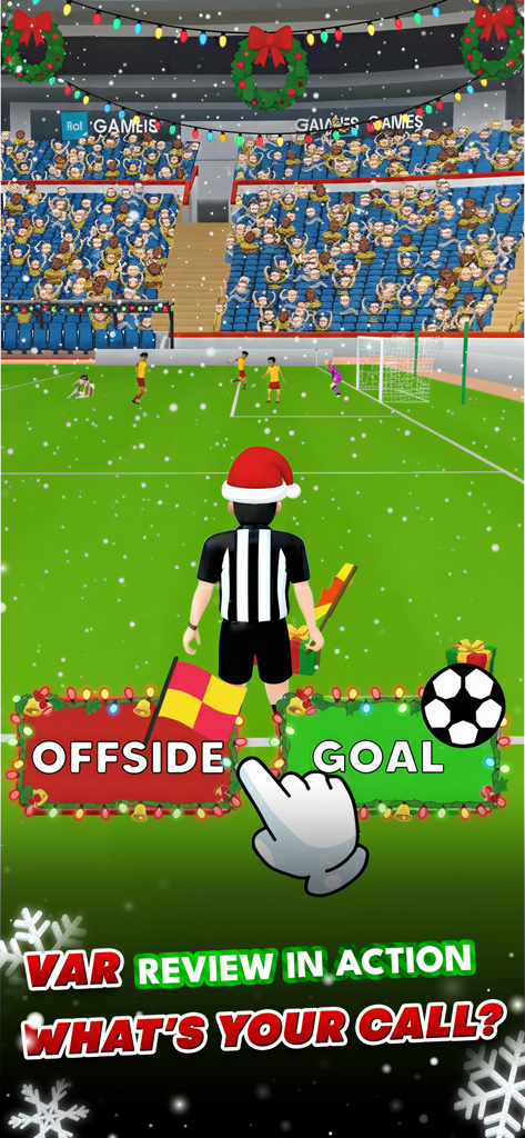 A 3D soccer referee in a Santa hat choosing between offside and goal during a VAR review.