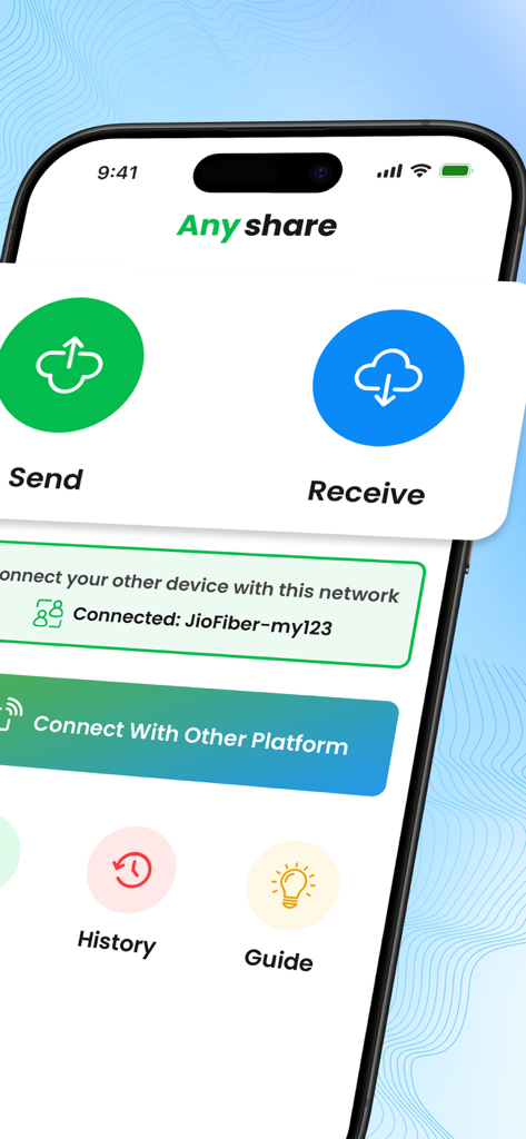 AnyShare app home screen featuring large send and receive buttons and network connection details