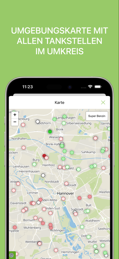 Mapa de gasolineras en Hannover con indicadores de precios codificados por colores