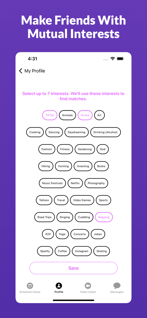 Interfaz de la aplicación Cuff mostrando una lista de etiquetas de intereses como TikTok y Anime para ayudar a los usuarios a encontrar coincidencias con pasatiempos mutuos.