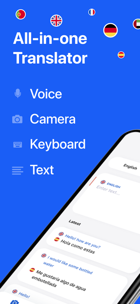 Interfaccia dell'app Voicelator che evidenzia le opzioni di traduzione vocale, fotocamera, tastiera e testo