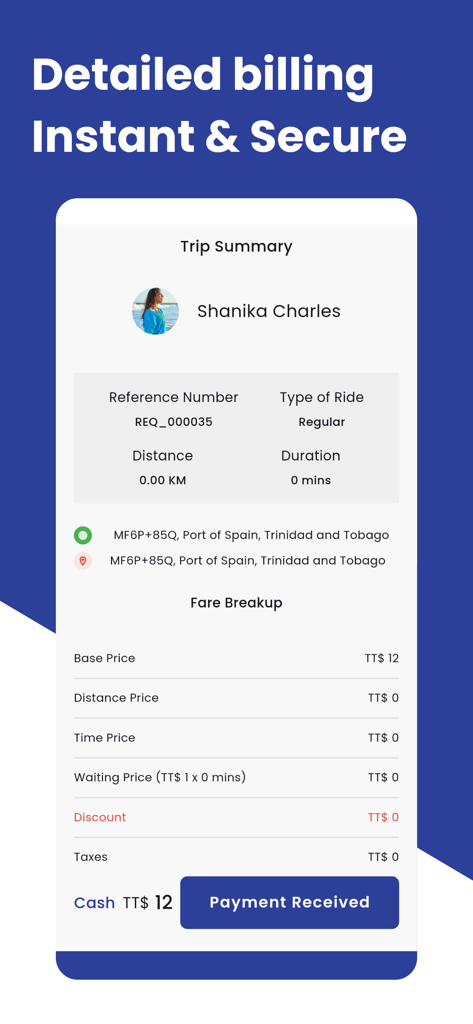 Trip summary screen in the TrucabTT Driver app showing a detailed fare breakup and payment confirmation