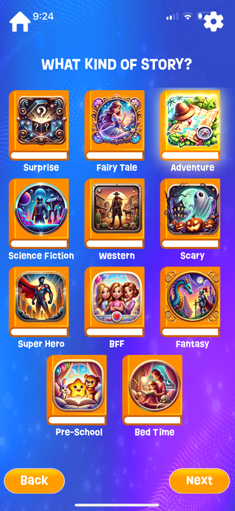 Plai Ai Story Creator - Plai Ai Story Creatorアプリのおとぎ話、冒険、SFなどのジャンル選択画面。カラフルなアイコンが表示されています。