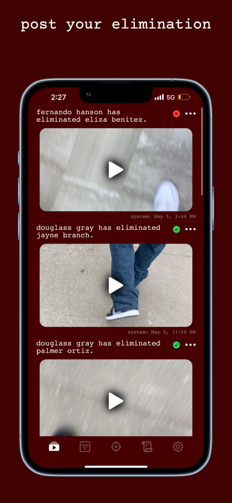 assassin. - A mobile app screen showing a feed of game eliminations with video proof and player activity
