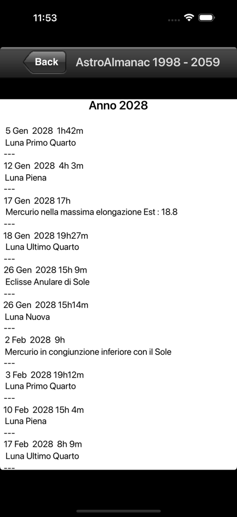 Total Solar Eclipses - A list of celestial events for the year 2028 including moon phases and an annular solar eclipse within the AstroAlmanac section.