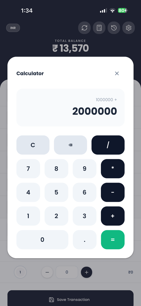 Built-in calculator tool in the Money Counter app for quick cash calculations
