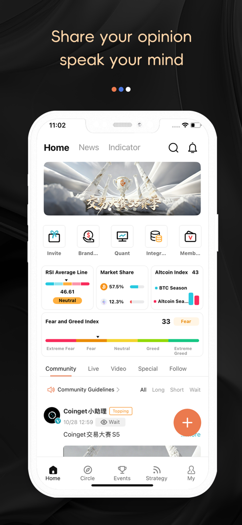 Coinget app home screen featuring cryptocurrency market sentiment indicators and social trading feed