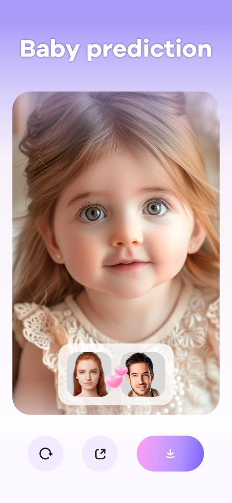 Interfaz de la app Futuro Bebé mostrando una predicción generada por IA de un bebé basada en fotos de dos padres