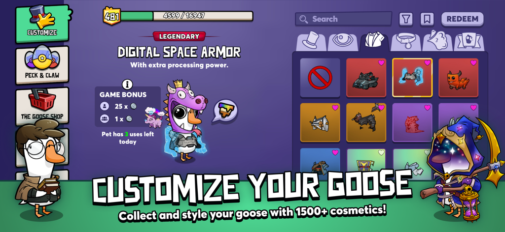 Character customization screen in Goose Goose Duck showing various outfits and skins