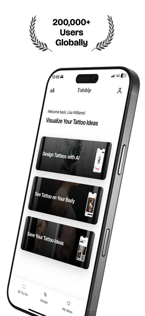Interface de l'application Tatship Tattoo Planner montrant les fonctionnalités de conception IA et d'essai RA.