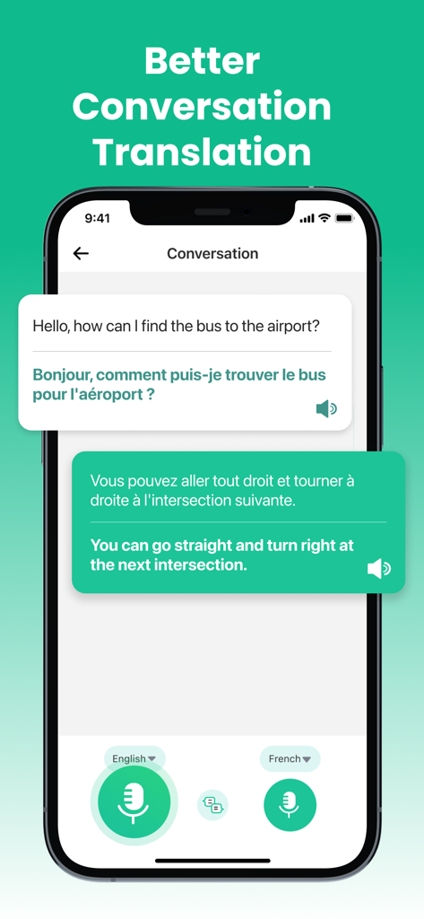 Interface do aplicativo Quick Translator mostrando uma conversa em tempo real sendo traduzida entre inglês e francês com botões de entrada de voz