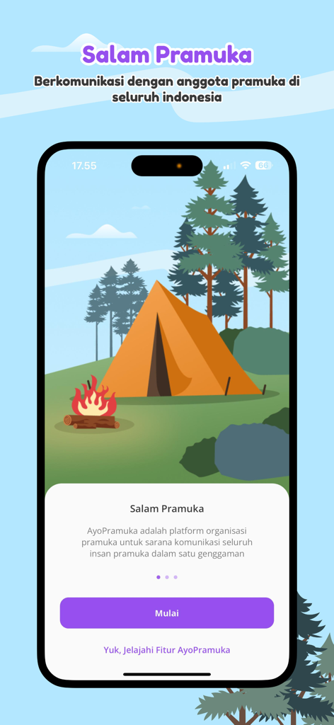 AyoPramuka app intro screen with a camping illustration featuring a tent and campfire