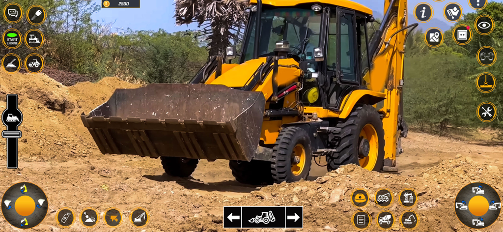 Un escavatore pesante giallo su un cantiere sterrato con controlli dell'interfaccia utente del gioco mobile