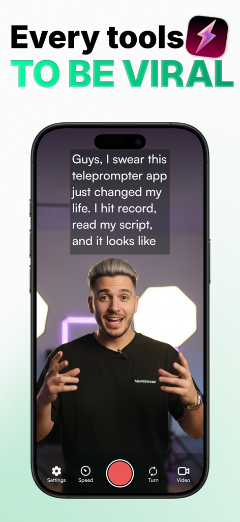 Teleprompter Video ™ - Creador de contenido usando la aplicación Teleprompter Video para grabar un vídeo viral con un guion en pantalla.