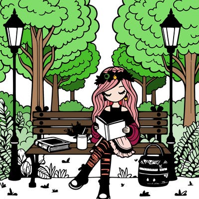 girl dressed in boho chic style sitting on a park bench reading a book, near two lampposts and many trees