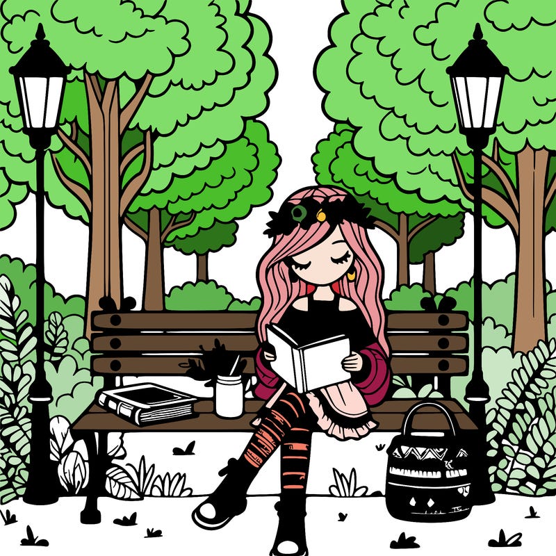 girl dressed in boho chic style sitting on a park bench reading a book, near two lampposts and many trees