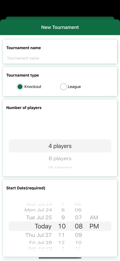 AfroDraught - Interface for setting up a new AfroDraught tournament including tournament type and player count.