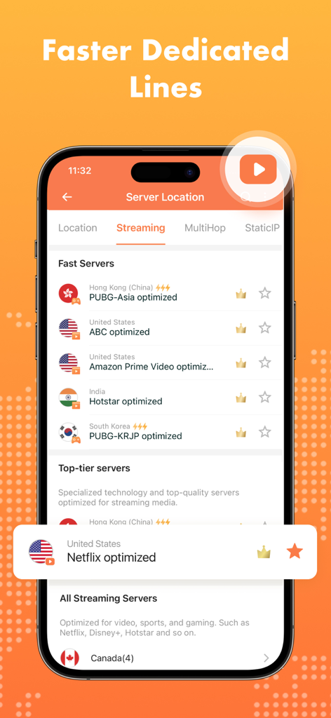 Turbo VPN interface showing a list of optimized servers for streaming platforms and mobile games