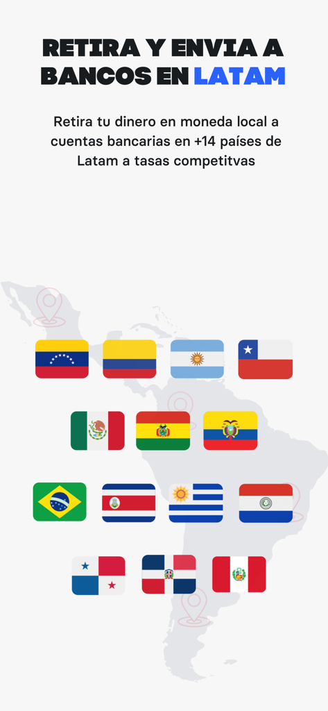 Meru | Cuenta en dólares - Meru app screen showing bank transfer options to over 14 Latin American countries with a map and country flags