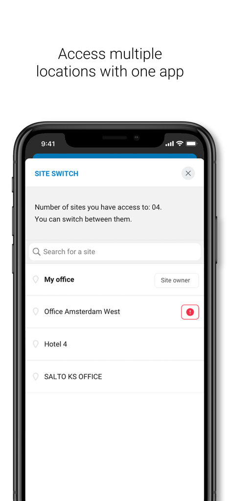 Salto KS - Interface of the Salto KS app showing access management for multiple locations.
