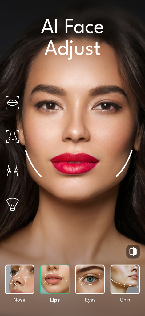 Persona AI Beauty Editor interface showing facial refining tools for nose lips eyes and chin on a portrait
