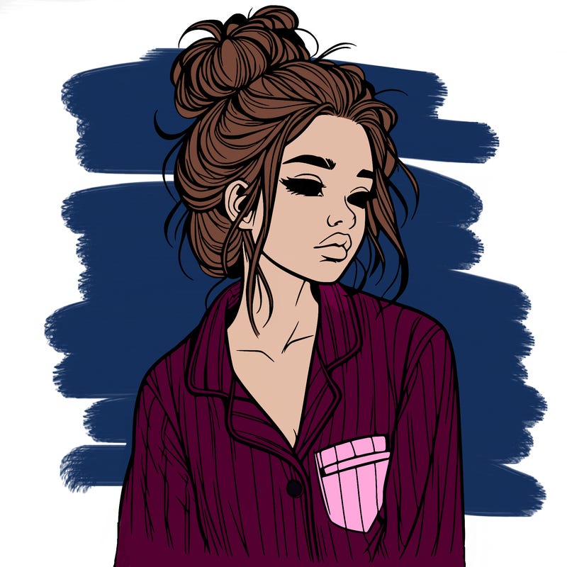 realistic woman with pajamas on and a messy bun