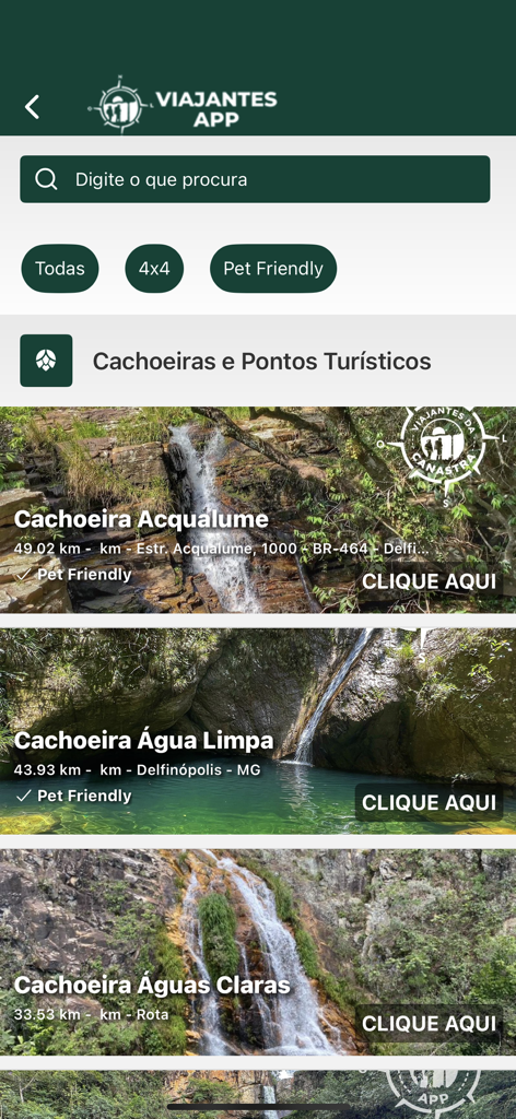 Viajantes App - Capture d'écran de l'application Viajantes montrant une liste de cascades au Brésil avec des filtres de recherche pour le 4x4 et les lieux accueillant les animaux