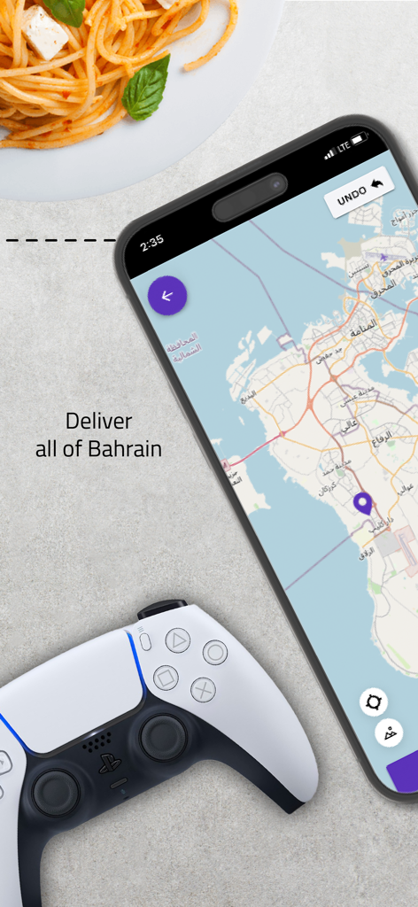 Oreem Delivery - اوريم للتوصيل - A smartphone showing the Oreem Delivery app map coverage across Bahrain next to a plate of pasta and a game controller.