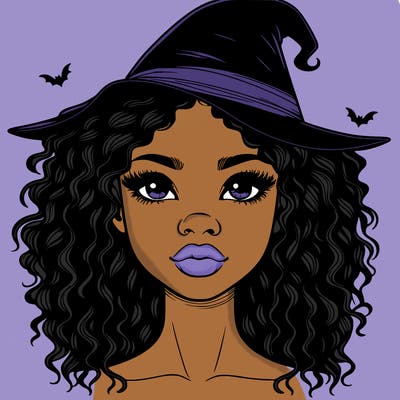 realistic black girl with wavy hair and witch hat and nose and lips