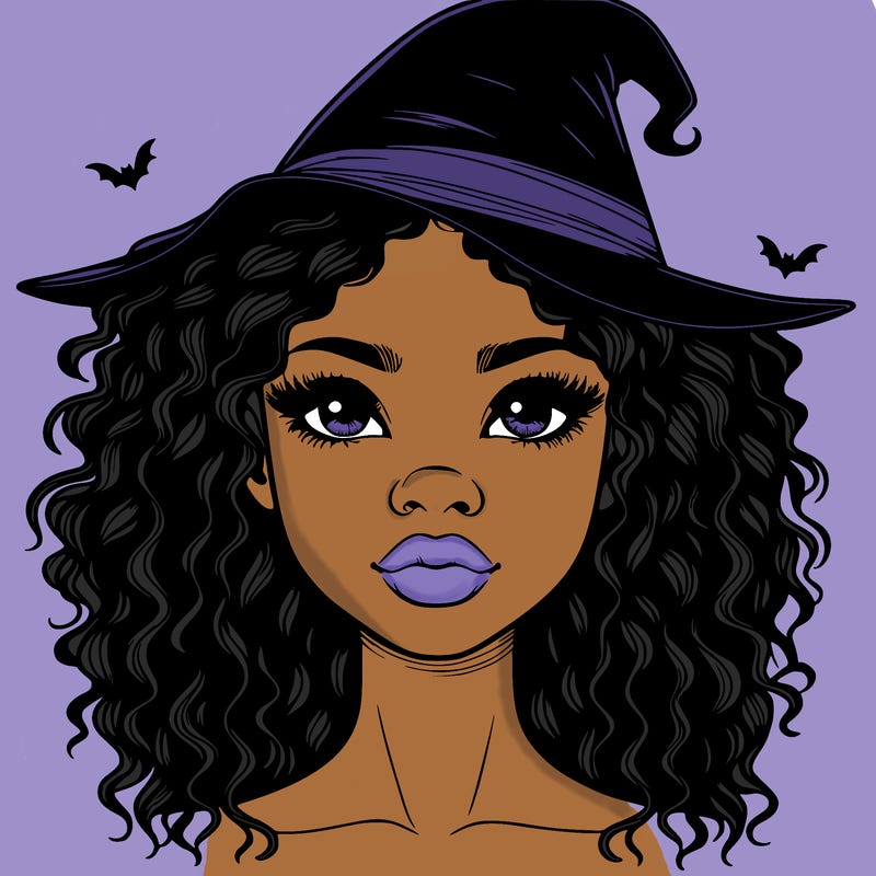 realistic black girl with wavy hair and witch hat and nose and lips
