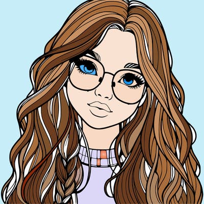 girl with long hair and freckles and glasses realistic
