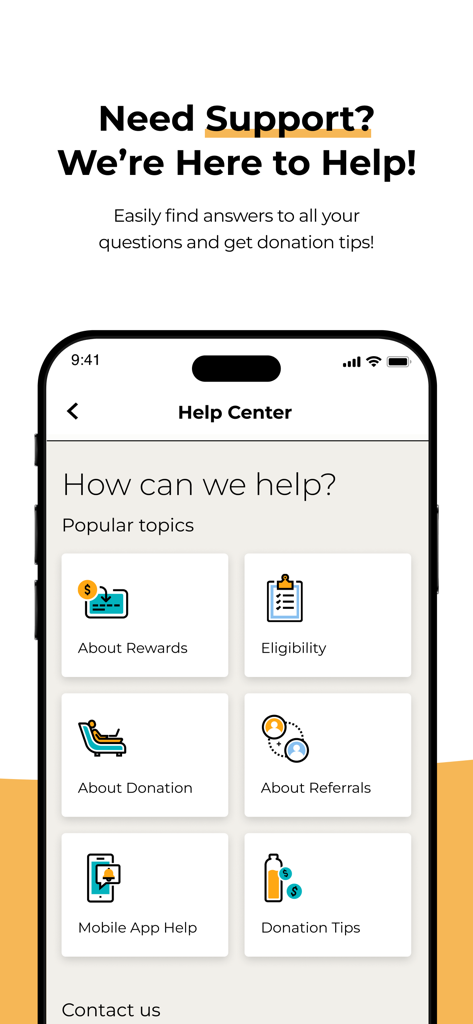 CSL Plasma mobile app help center interface with support categories for rewards eligibility and donation tips