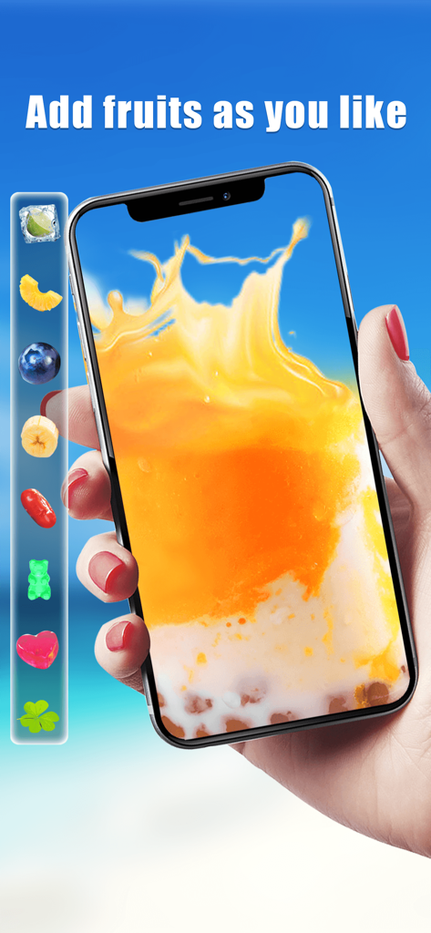 A hand holding a smartphone showing a virtual orange bubble tea with a menu of fruit toppings