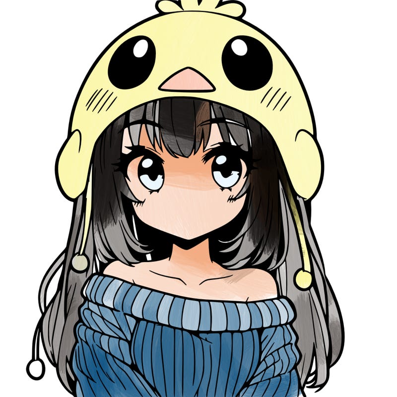anime girl with chick shaped hat with sweater with bare shoulders with bangs covering them one eye with low tail