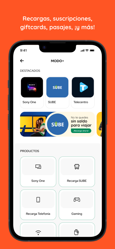 MODO plus screen showing digital services for phone recharges transit card top-ups and gaming subscriptions