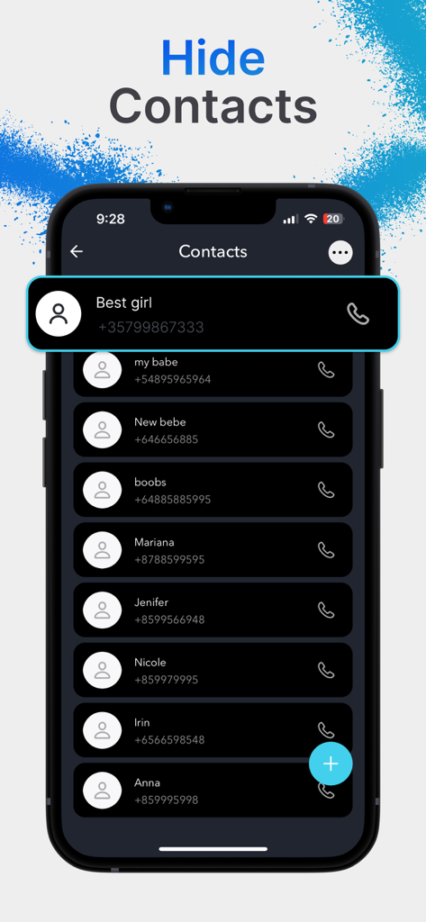 Calculator Vault Private Photo - Interface of the Calculator Vault app showing the hide contacts feature with a list of private phone numbers.